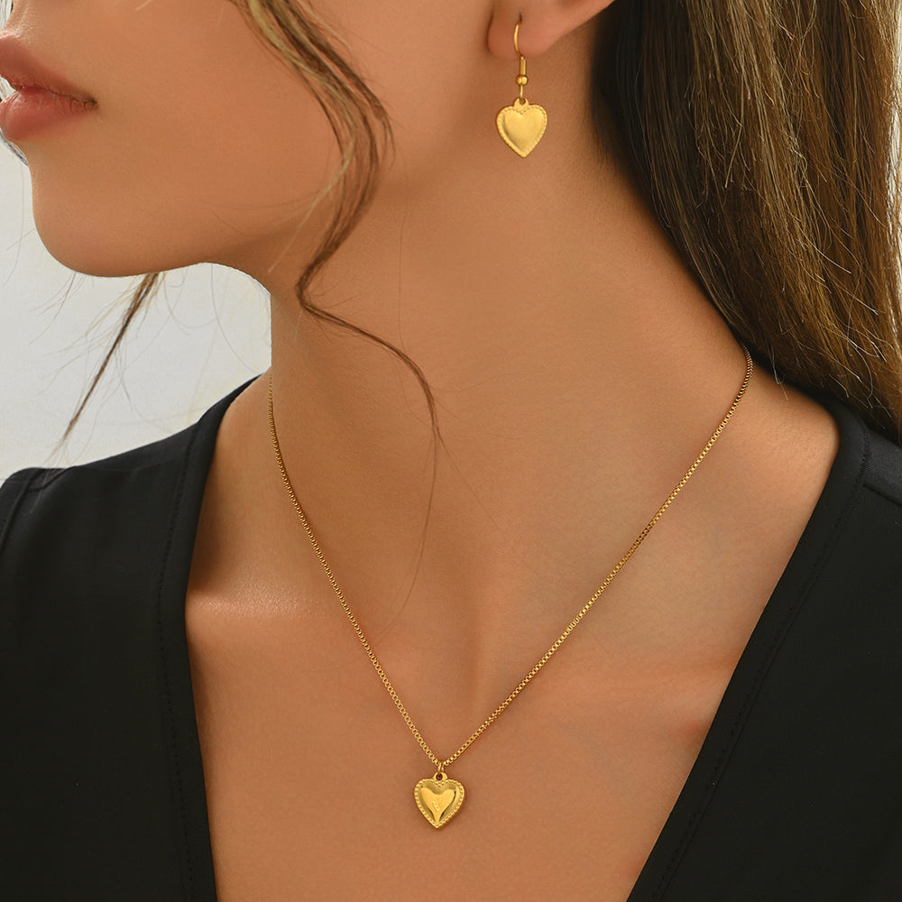 Lxalry 18K Gold Plated Stainless Steel Puffy Heart Pendant Necklace And Earrings Set For Women - Waterproof, Hypoallergenic, Cute Jewelry Gift For Birthday, Anniversary, Daily Wear, Summer Outfits