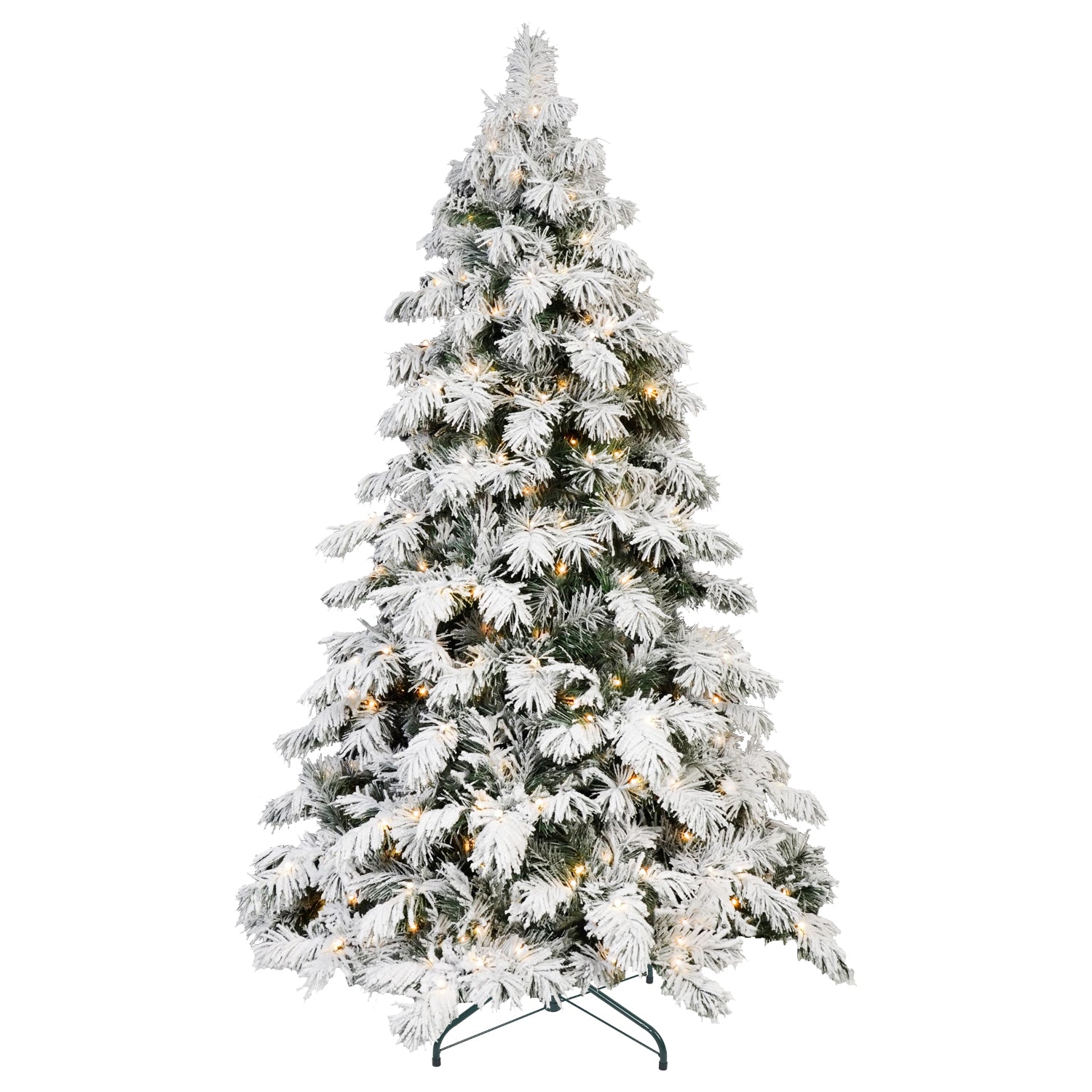 5FT 6FT 7FT 8FT Prelit Flocked Christmas Tree With Light, Snowy Pine Design, Warm White LED Lights, Hinged Branches, Metal Stand, Realistic Artificial Xmas Tree For Indoor Holiday Decoration