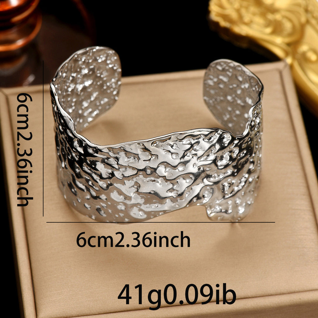 Lxalry 18K Gold Plated Stainless Steel Artisan Hammered Wide Bracelet Hypoallergic Skin Safe Jewelry With Mirror Edges Never Fade Handmade Luxury Gift For Women