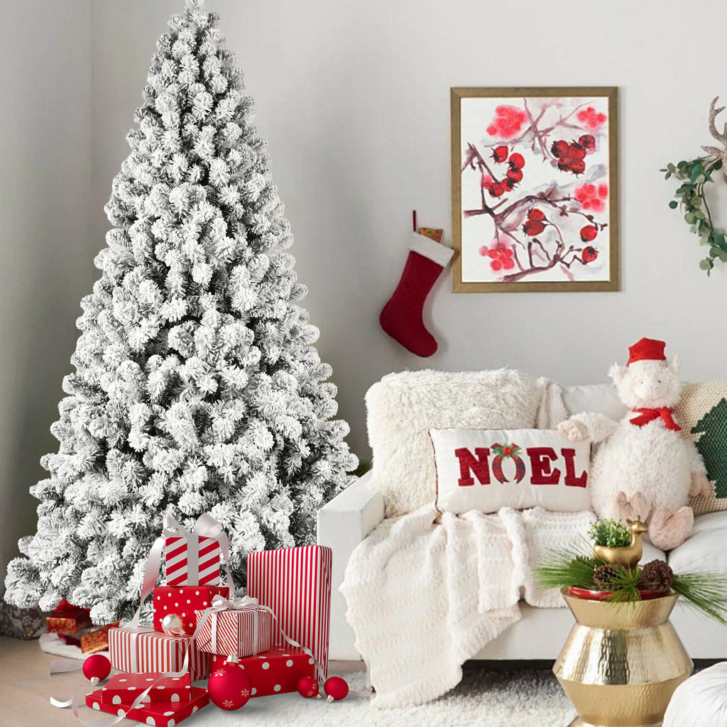 5ft 6ft 8ft 9ft Pre-Lit Flocked Christmas Tree Hinged Artificial Xmas Trees Premium PVC Branches With Lights