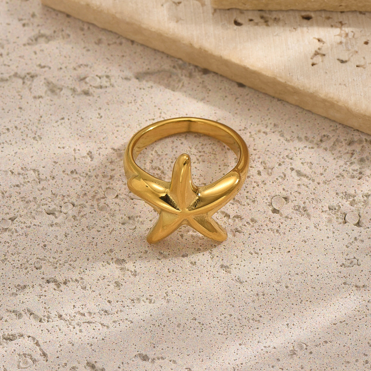 Lxalry 18K Gold Plated Stainless Steel Starfish Ring For Women - Minimalist Beach Style Jewelry, Waterproof, Tarnish-Free, Hypoallergenic, Elegant Ocean-Inspired Gift, Adjustable Summer Vacation Ring