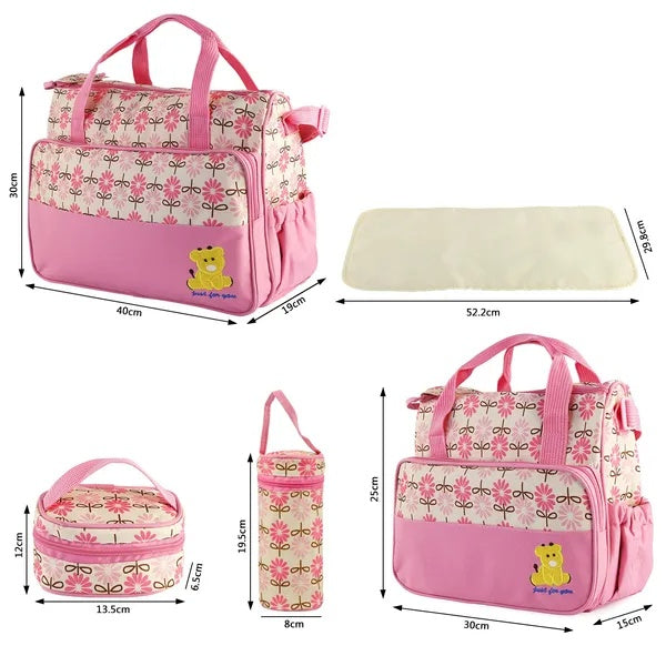 5PCS Baby Nappy Diaper Bags Set Mummy Diaper Shoulder Bags W Nappy Changing Pad Insulated Pockets Travel Tote Bags
