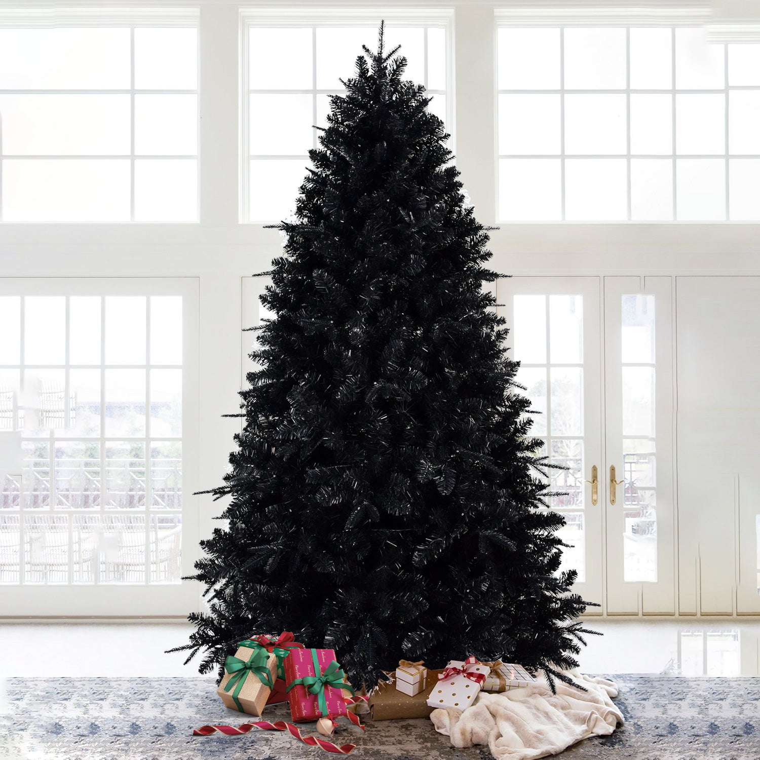 Prelit Black Christmas Tree With White Lights Artificial Fake Christmas Tree With PE&PVC Branch Tips For Halloween And Xmas Tree For Holiday Decorations, Metal Stand And Hinged Branches