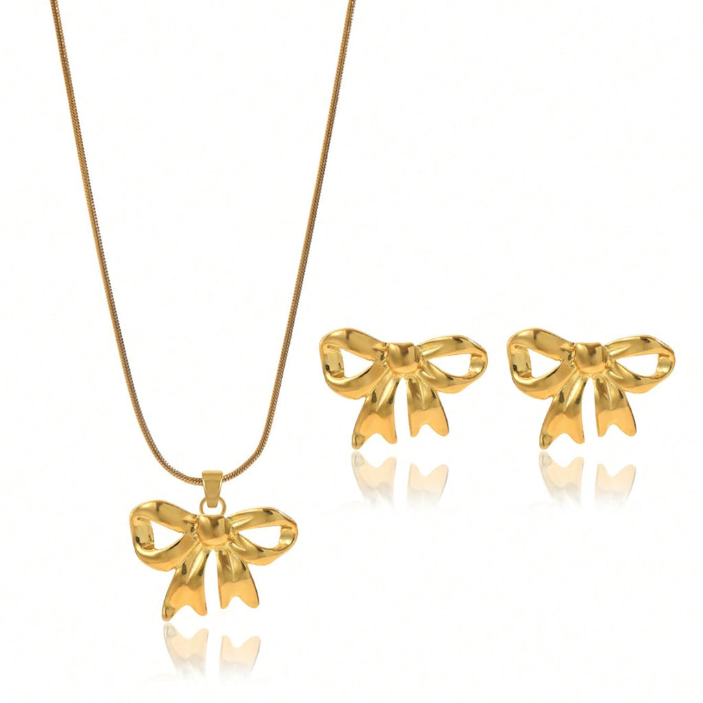 Lxalry 18K Gold Plated Stainless Steel Bow Jewelry Set For Women - Cute Waterproof Necklace & Earrings, Hypoallergenic, Elegant Gift For Birthday, Girlfriend, Christmas, Summer, Daily Wear