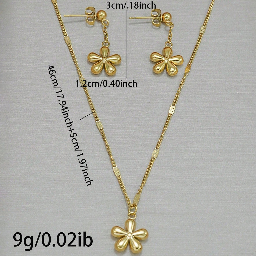 Lxalry 18K Gold Plated Stainless Steel Dainty Flower Pendant Necklace And Earrings Set For Women - Waterproof, Hypoallergenic, Cute Jewelry Gift For Birthday, Mother's Day, Daily Summer Outfits, Party