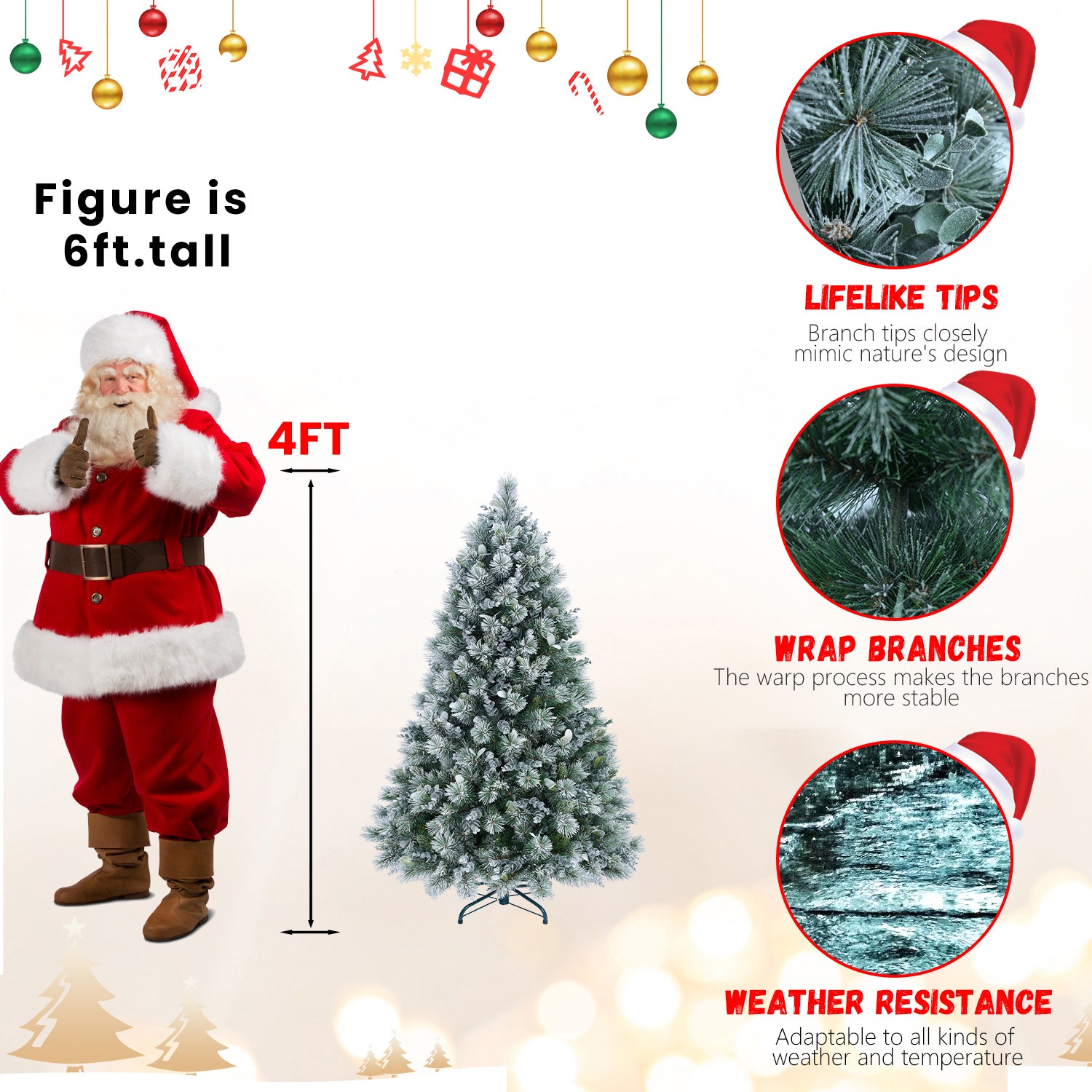 4FT Snow Flocked Christmas Tree Premium Artificial Christmas Tree With 404 Mixed PE Leaves & Tips, Small Realistic Full Pine Unlit Faux Xmas Tree With Snow For Home Office Holiday Decor