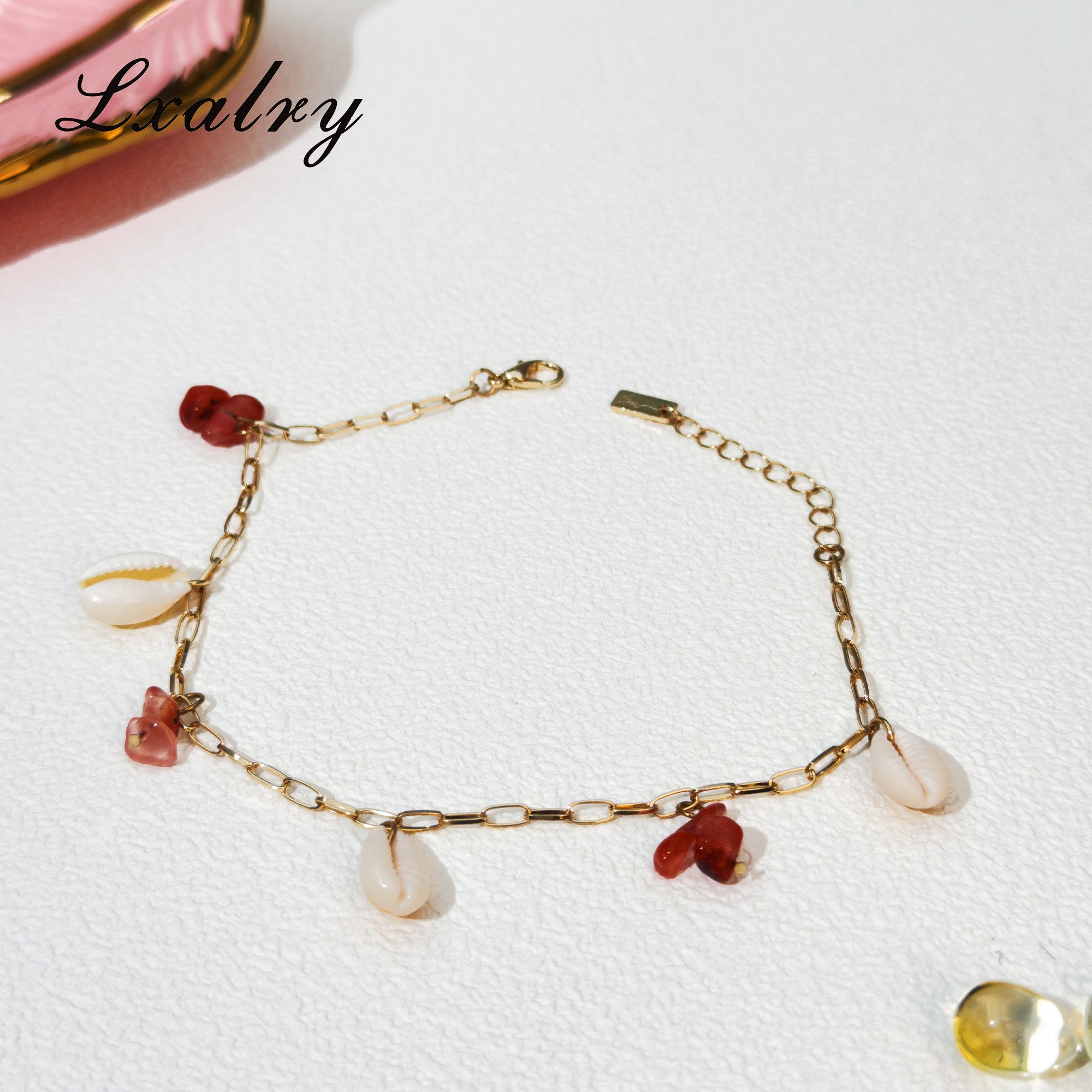 Lxalry 18K Gold Plated Shell & Red Energy Stone Anklet -Summer Beach Style Waterproof Foot Chain For Women -Hypoallergenic, Fade-Resistant, Boho Jewelry Gif