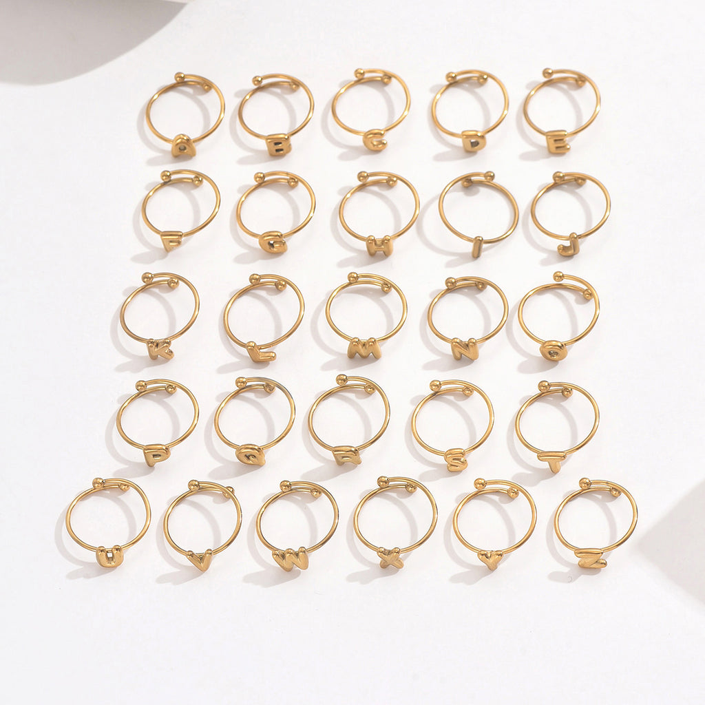 Lxalry 18K Gold Plated Stainless Steel Modern Alphabet Ring With Mirror Polish   Sphere Accents  Hypoallergenic Jewelry For Women  Skin Safe Never Fade Luxury Gift  Full A-Z Letters