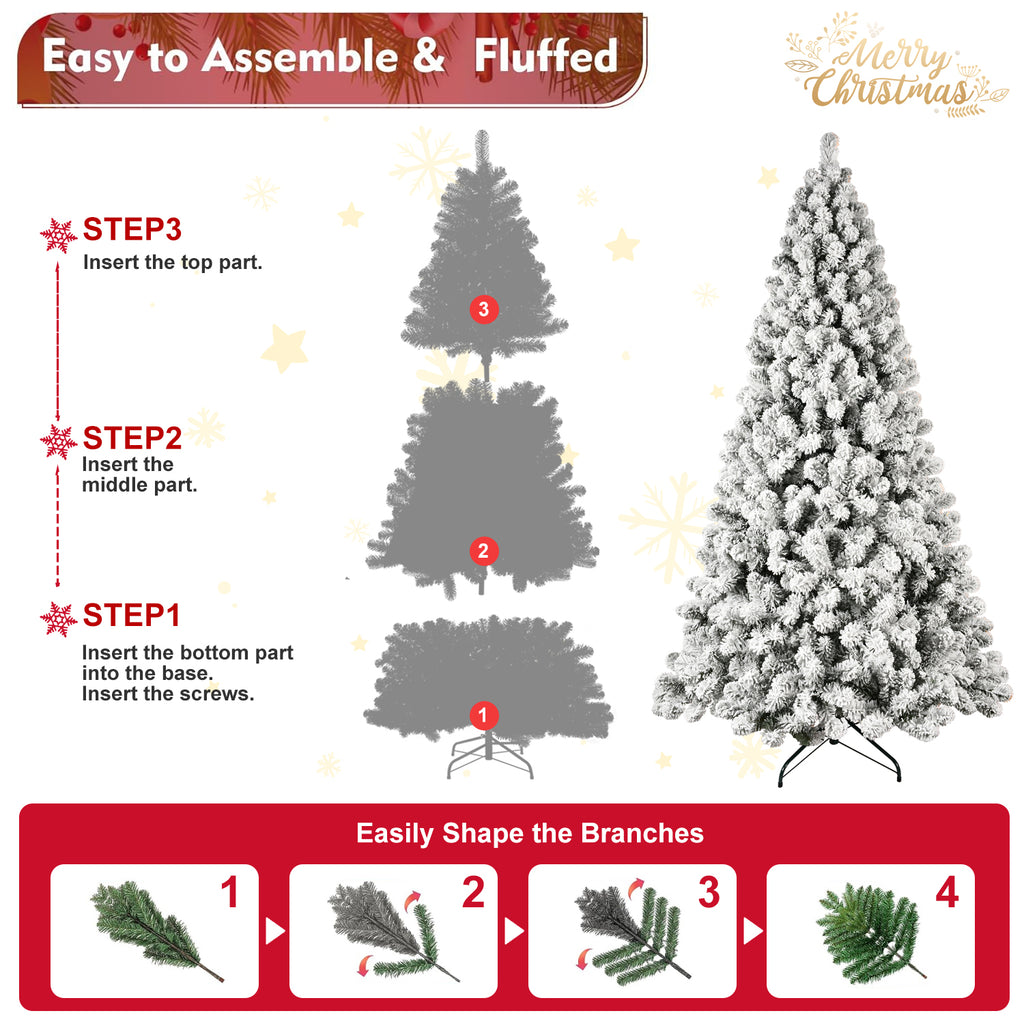 5ft 6ft 8ft 9ft Pre-Lit Flocked Christmas Tree Hinged Artificial Xmas Trees Premium PVC Branches With Lights