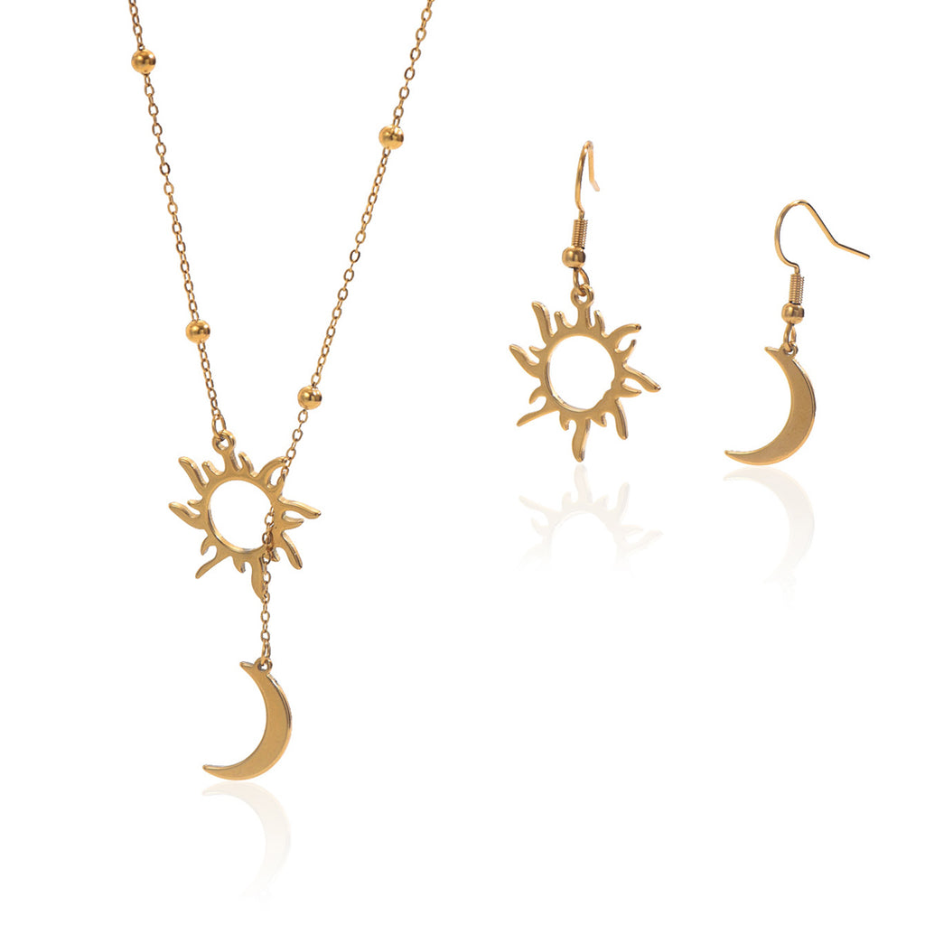 Lxalry 18K Gold Plated Stainless Steel Sun And Moon Pendant Necklace And Hoop Earrings Set For Women - Waterproof Hypoallergenic Jewelry Gift For Birthday Summer Wedding Daily Wear