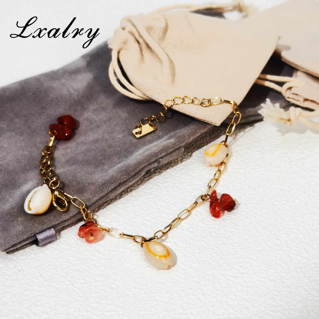 Lxalry 18K Gold Plated Shell & Red Energy Stone Anklet -Summer Beach Style Waterproof Foot Chain For Women -Hypoallergenic, Fade-Resistant, Boho Jewelry Gif