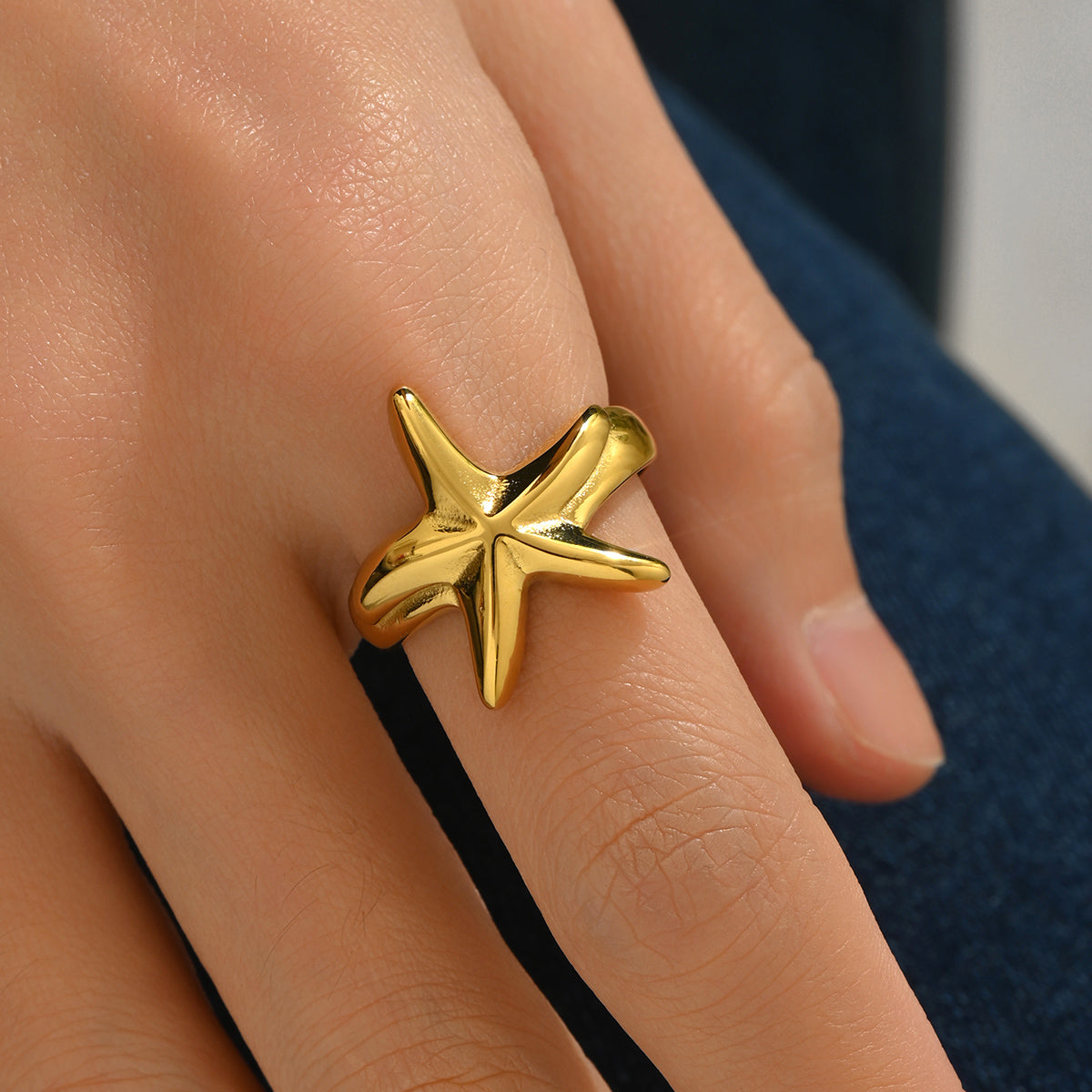 Lxalry 18K Gold Plated Stainless Steel Starfish Ring For Women - Minimalist Beach Style Jewelry, Waterproof, Tarnish-Free, Hypoallergenic, Elegant Ocean-Inspired Gift, Adjustable Summer Vacation Ring