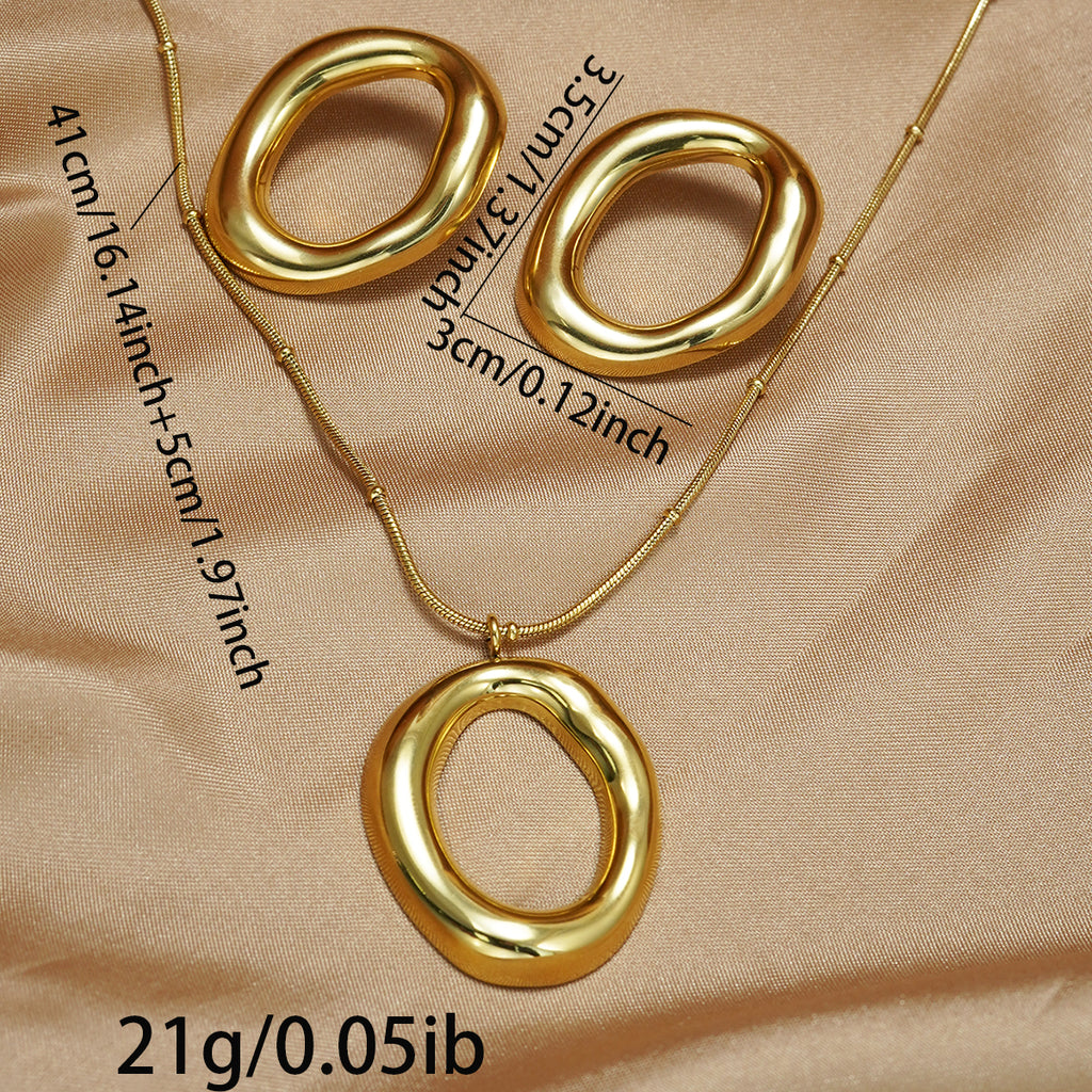 Lxalry 18K Gold Plated Stainless Steel Oval Pendant Jewelry Set For Women - Minimalist Elegant Necklace & Earrings, Hypoallergenic, Waterproof, Tarnish-Free, Ideal Gift For Birthday, Wedding, Daily We