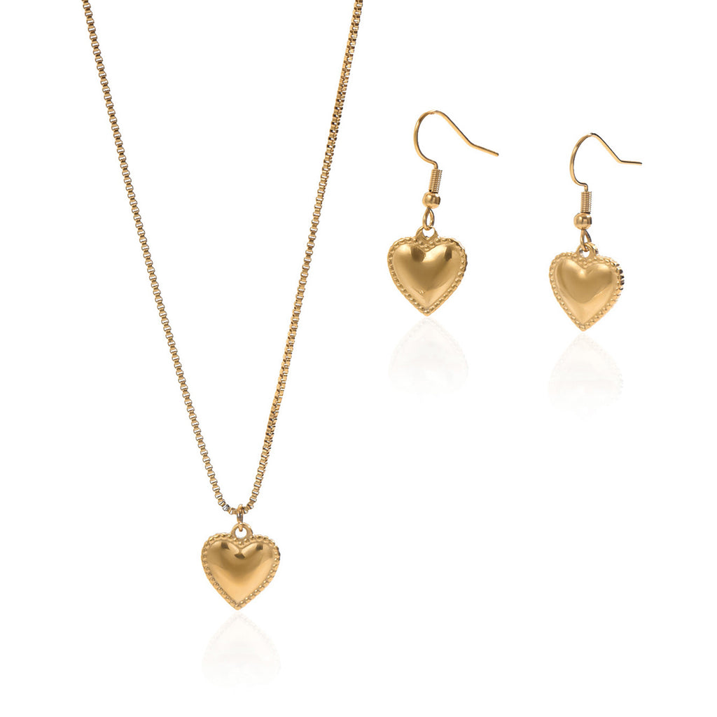 Lxalry 18K Gold Plated Stainless Steel Puffy Heart Pendant Necklace And Earrings Set For Women - Waterproof, Hypoallergenic, Cute Jewelry Gift For Birthday, Anniversary, Daily Wear, Summer Outfits