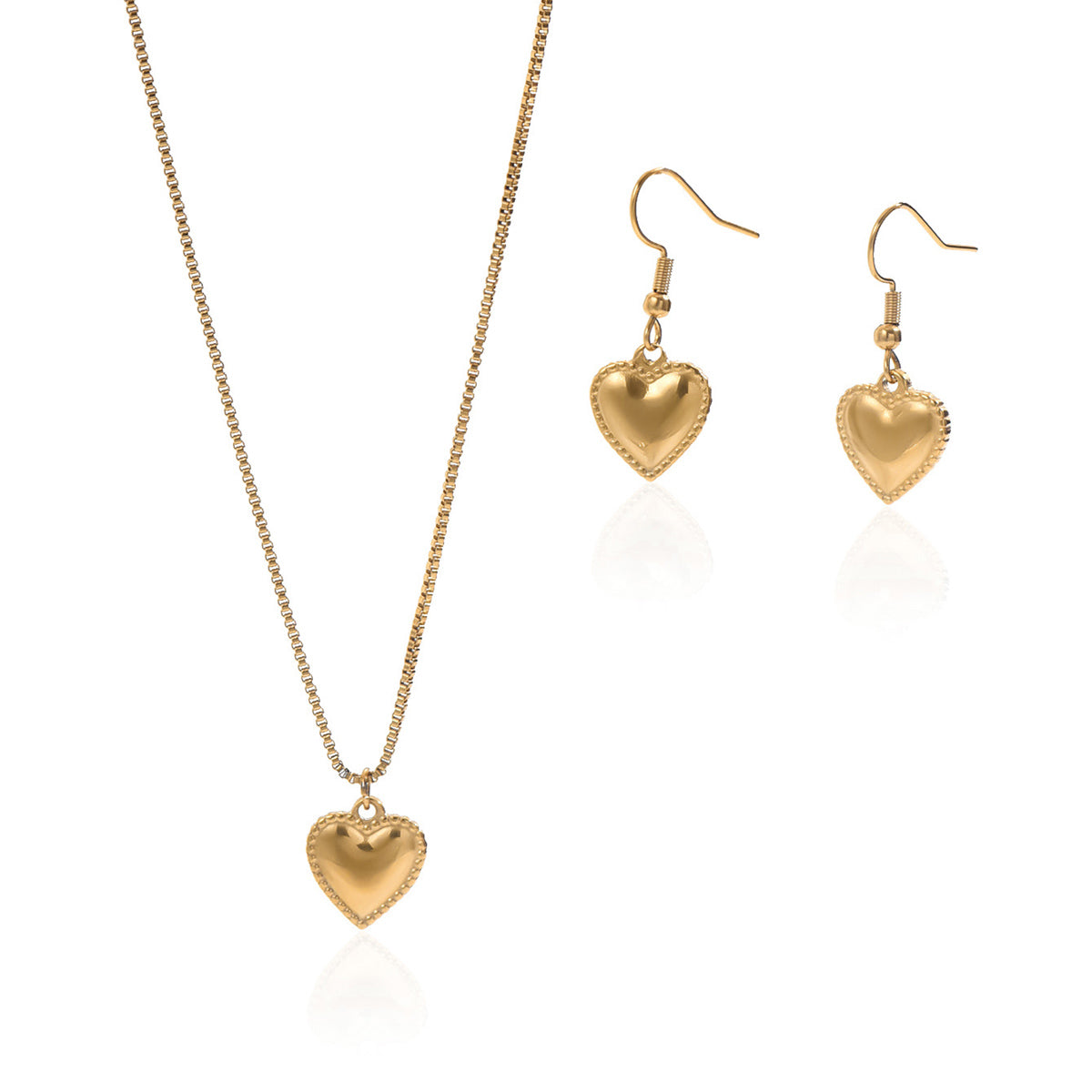 Lxalry 18K Gold Plated Stainless Steel Puffy Heart Pendant Necklace And Earrings Set For Women - Waterproof, Hypoallergenic, Cute Jewelry Gift For Birthday, Anniversary, Daily Wear, Summer Outfits