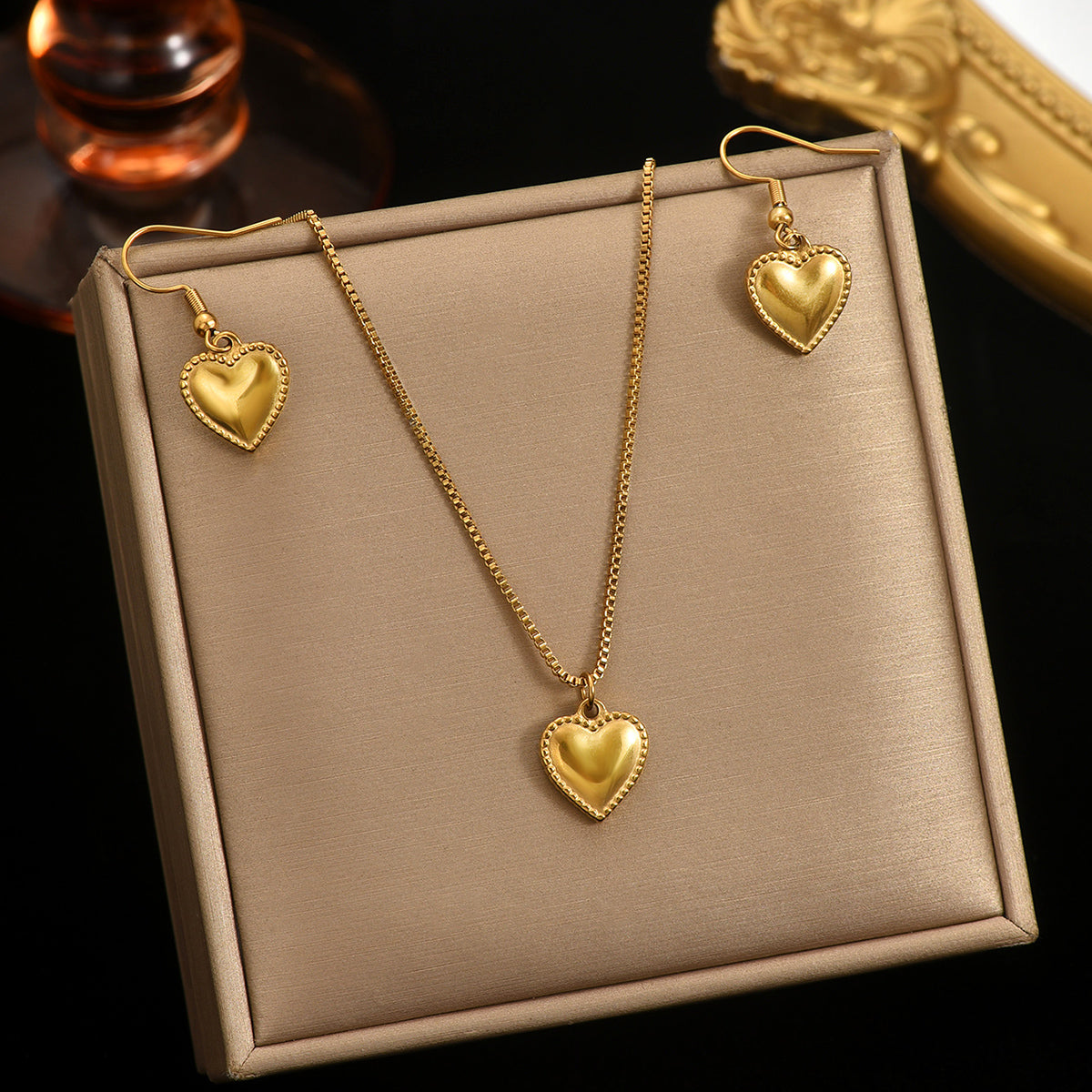 Lxalry 18K Gold Plated Stainless Steel Puffy Heart Pendant Necklace And Earrings Set For Women - Waterproof, Hypoallergenic, Cute Jewelry Gift For Birthday, Anniversary, Daily Wear, Summer Outfits