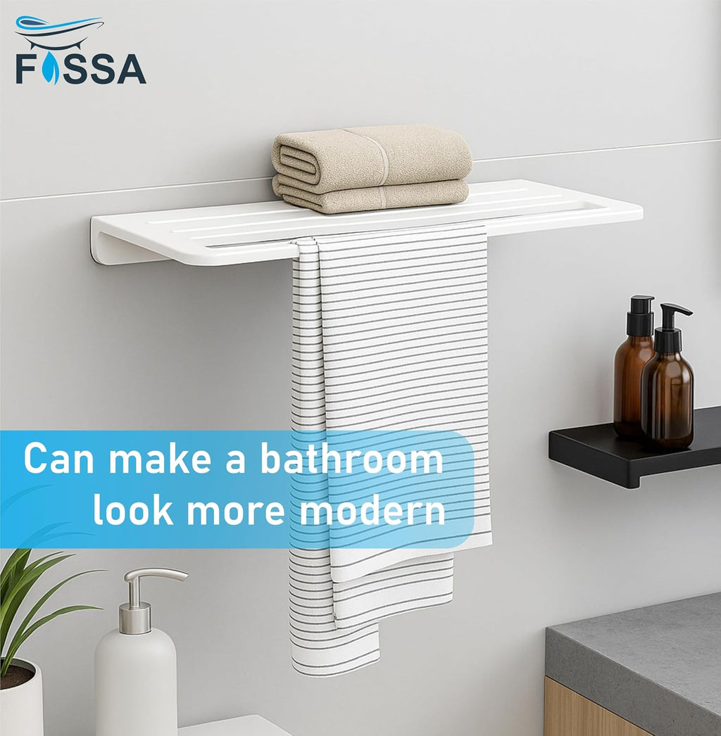 Fossa Space-Saving Wall Mounted Towel Shelf – Foldable Chrome Towel, Durable Bathroom Accessories, Rust Resistant & Stylish Bathroom Fittings | White (Quartz Ceramic)