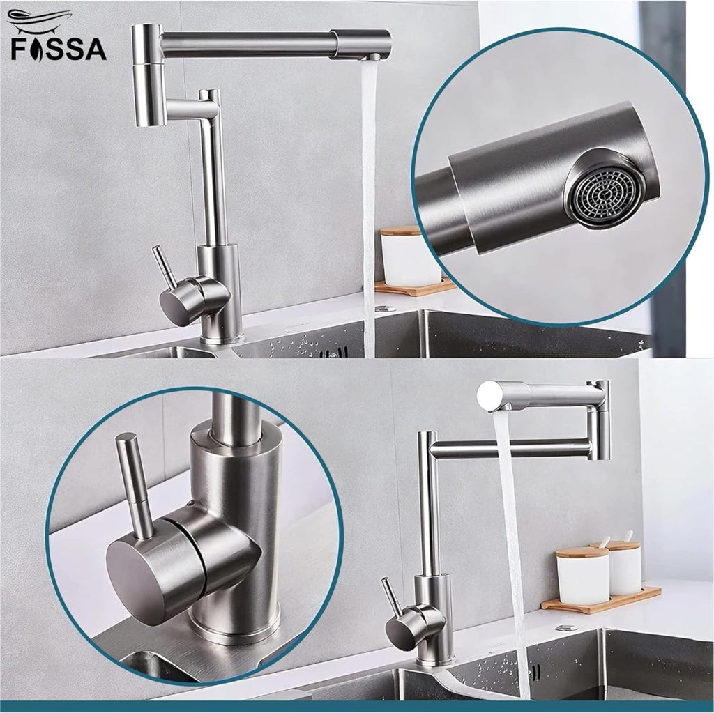 Fossa Zig Zag Stainless Steel Deck Mounted Folding Kitchen Faucet, 304 Stainless Steel Single Handle with 360 Rotating Spout with Pure Water Cold and Hot Modern Drinking Faucet