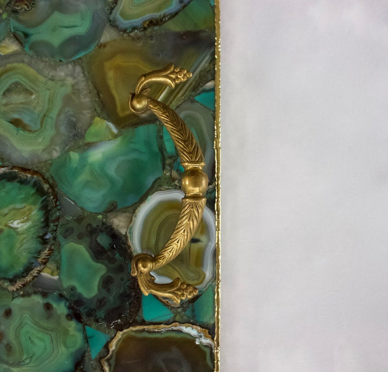 Light Green Agate Serving Tray With Brass Handles | Square