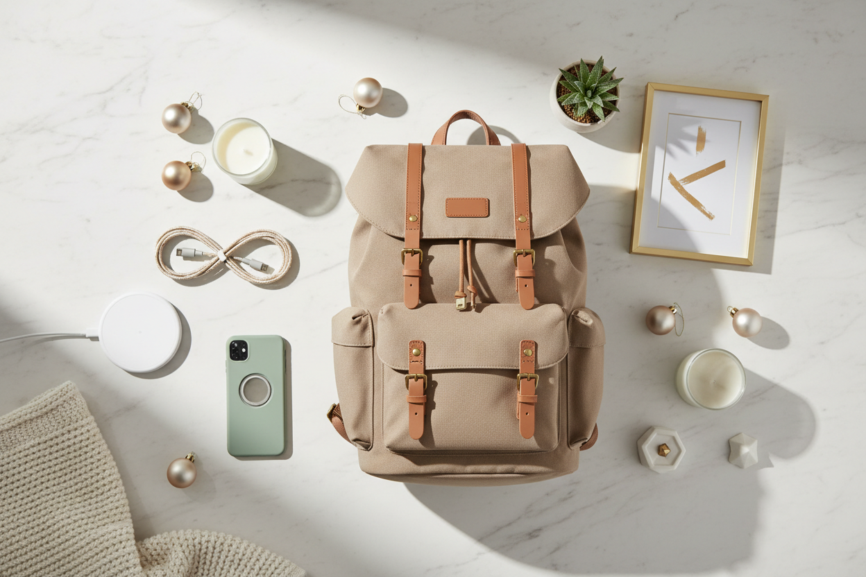 ZENVY Flat Lay Hero Banner - Travel, Tech & Home Essentials